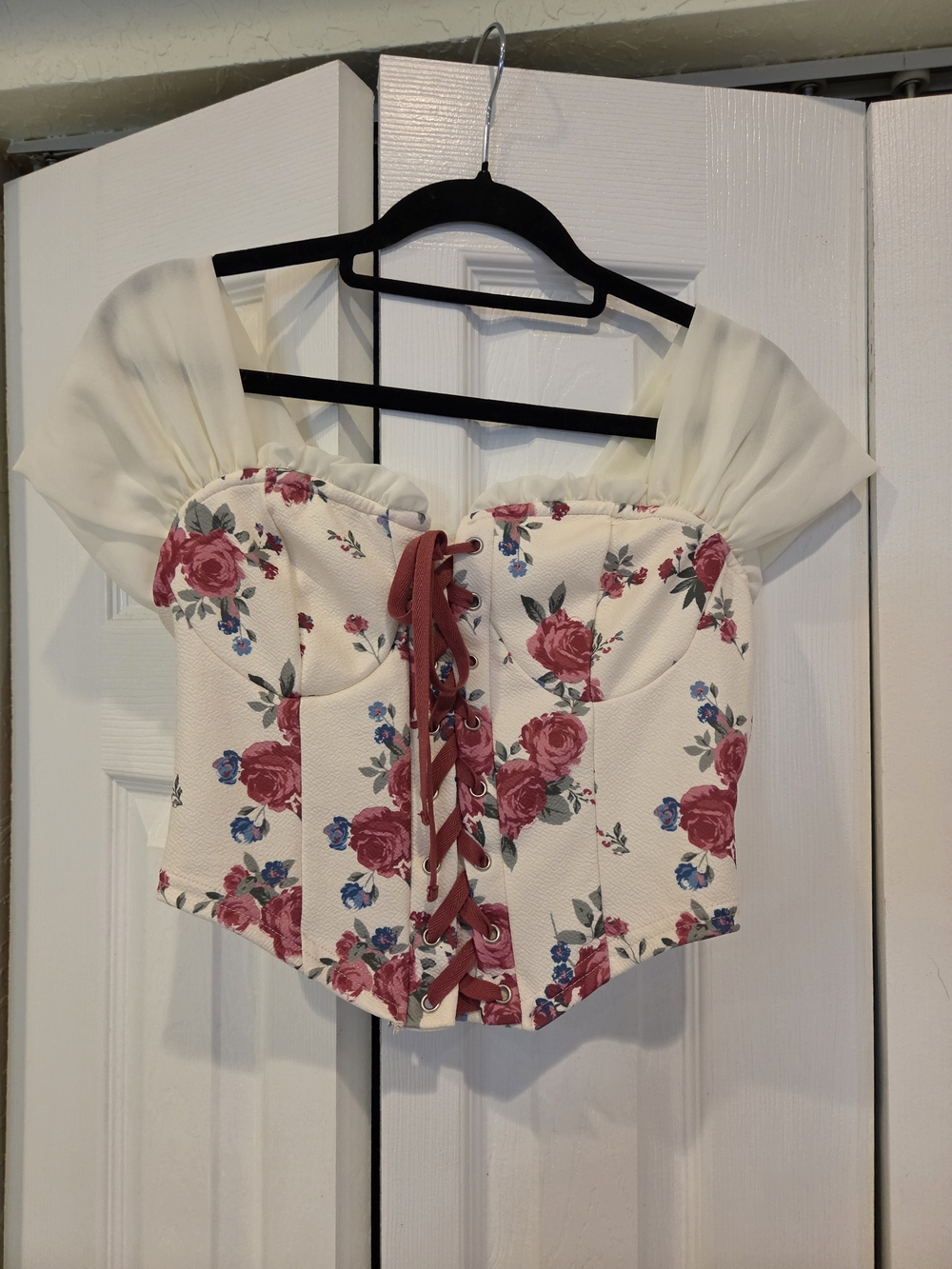 Floral Lace-Up Corset Top in Cream and Rose Size Small